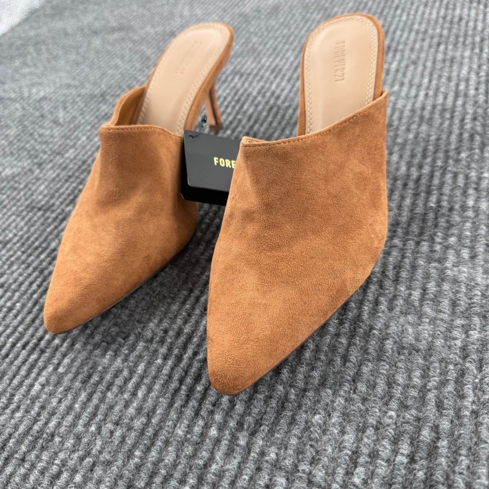 Womens 5.5 Tan Faux Suede Pointed Toe Mules Stiletto High Heel Slip On